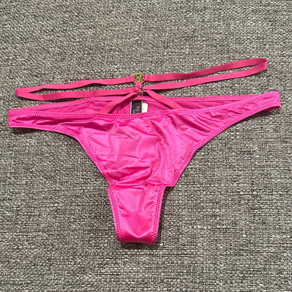 Victoria’s Secret Very Sexy Hot Pink Strappy Satin Thong Panty with Gold Accent